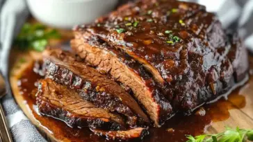 Juicy slices of slow cooker brisket beef topped with rich sauce and garnished with herbs, served on a wooden cutting board with gravy in the background.