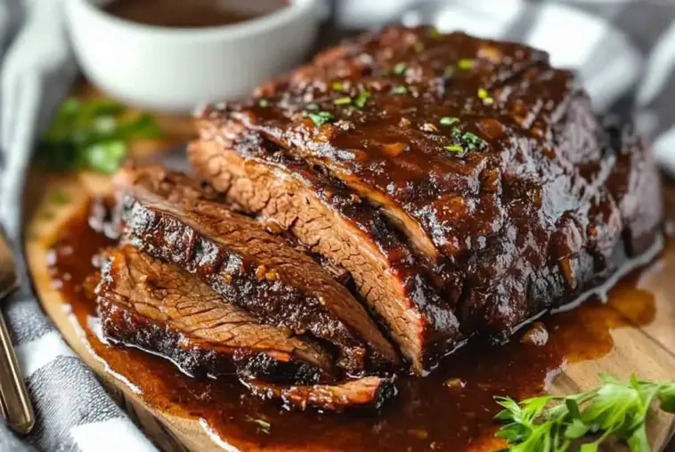 Juicy slices of slow cooker brisket beef topped with rich sauce and garnished with herbs, served on a wooden cutting board with gravy in the background.