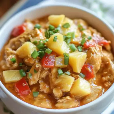 Bowl of slow cooker pineapple chicken garnished with pineapple chunks, red bell peppers, and chopped green onions in a savory sauce