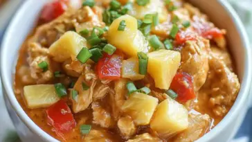 Close-up of slow cooker pineapple chicken with chunks of pineapple, red bell pepper, and green onions in a rich sweet-savory sauce