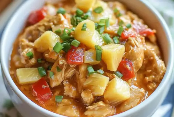 Close-up of slow cooker pineapple chicken with chunks of pineapple, red bell pepper, and green onions in a rich sweet-savory sauce