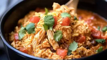 A black bowl filled with slow cooker taco chicken and rice, featuring shredded chicken, diced tomatoes, black beans, and garnished with fresh cilantro.
