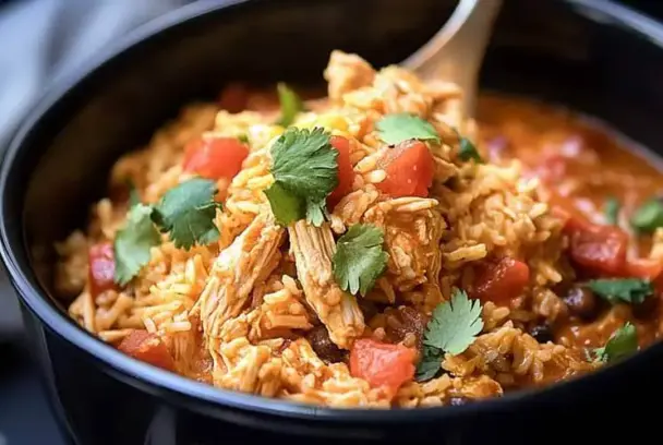 A black bowl filled with slow cooker taco chicken and rice, featuring shredded chicken, diced tomatoes, black beans, and garnished with fresh cilantro.