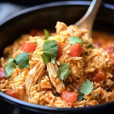 A close-up bowl of slow cooker taco chicken and rice topped with cilantro and diced tomatoes, featuring shredded chicken, fluffy rice, and Tex-Mex spices.