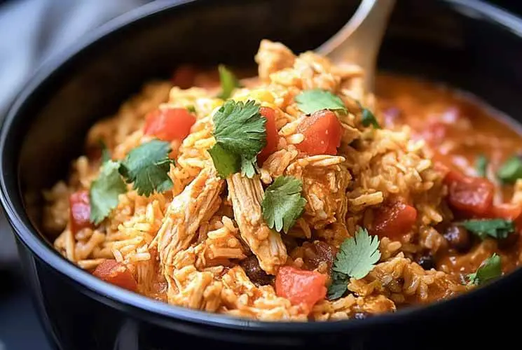A black bowl filled with slow cooker taco chicken and rice, featuring shredded chicken, diced tomatoes, black beans, and garnished with fresh cilantro.