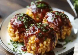 Close-up of four golden mac and cheese bombs filled with pulled pork and topped with maple bourbon BBQ sauce, garnished with fresh herbs on a white plate.