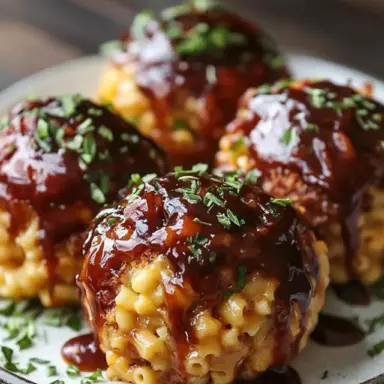 Golden mac and cheese bombs stuffed with pulled pork and glazed with maple bourbon BBQ sauce, garnished with chopped herbs and served on a rustic plate.
