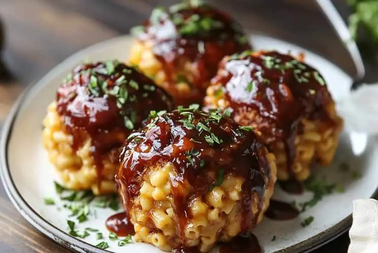 Close-up of four golden mac and cheese bombs filled with pulled pork and topped with maple bourbon BBQ sauce, garnished with fresh herbs on a white plate.