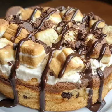 Close-up of a golden S’mores Cheesecake Cookie Croffle topped with toasted marshmallows, crumbled chocolate, and a rich drizzle of melted chocolate.
