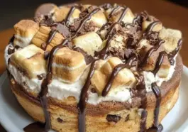 S’mores Cheesecake Cookie Croffle topped with toasted marshmallows, melted chocolate drizzle, and cookie layers, served on a white plate.