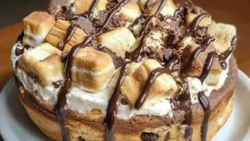S’mores Cheesecake Cookie Croffle topped with toasted marshmallows, melted chocolate drizzle, and cookie layers, served on a white plate.