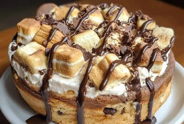 S’mores Cheesecake Cookie Croffle topped with toasted marshmallows, melted chocolate drizzle, and cookie layers, served on a white plate.