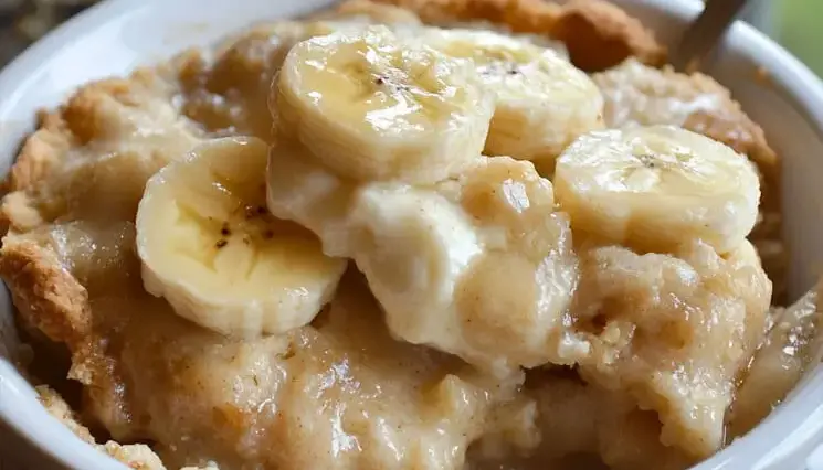 Southern Banana Cobbler in a white dish topped with fresh banana slices and golden crust, showing creamy, gooey filling and baked edges.