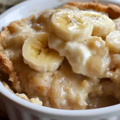 Close-up of a warm Southern Banana Cobbler in a white ramekin, topped with fresh banana slices and a golden, gooey crust.