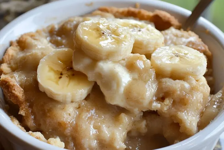 Southern Banana Cobbler in a white dish topped with fresh banana slices and golden crust, showing creamy, gooey filling and baked edges.