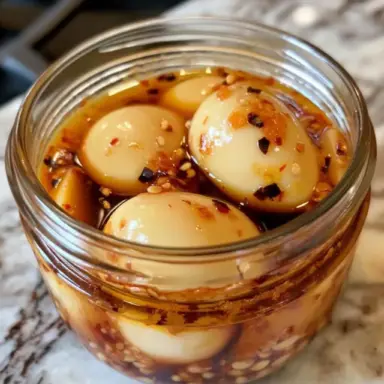 Glass jar filled with spicy pickled eggs in a red chili and vinegar brine with visible sesame seeds and pepper flakes, sitting on a marble countertop.