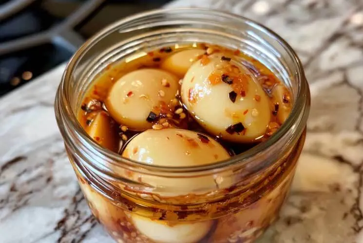 Close-up of spicy pickled eggs in a glass jar filled with chili flake and sesame seed brine, placed on a marbled kitchen counter.