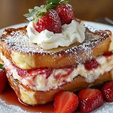 Close-up of strawberry cheesecake stuffed French toast topped with whipped cream, fresh strawberries, and powdered sugar, served on a white plate with syrup and sliced strawberries.