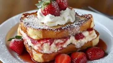 Plate of strawberry cheesecake stuffed French toast topped with whipped cream and whole strawberries, layered with creamy filling and syrup, dusted with powdered sugar.
