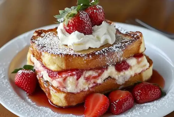 Plate of strawberry cheesecake stuffed French toast topped with whipped cream and whole strawberries, layered with creamy filling and syrup, dusted with powdered sugar.