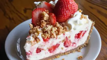 Close-up of a no-bake Strawberry Crunch Cheesecake slice topped with fresh strawberries, whipped cream, and crunchy cookie crumble on a white plate.