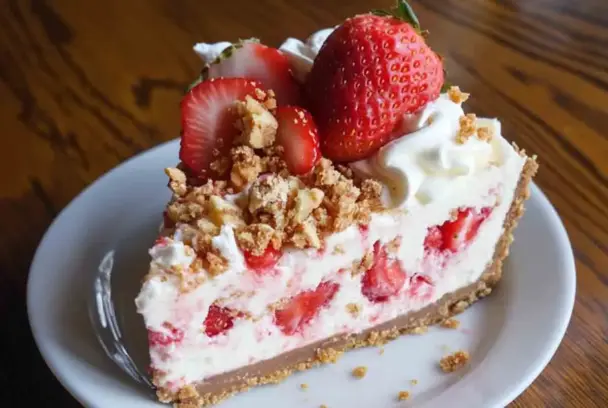 Close-up of a no-bake Strawberry Crunch Cheesecake slice topped with fresh strawberries, whipped cream, and crunchy cookie crumble on a white plate.