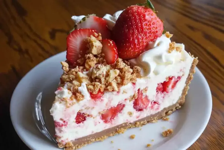 Close-up of a no-bake Strawberry Crunch Cheesecake slice topped with fresh strawberries, whipped cream, and crunchy cookie crumble on a white plate.