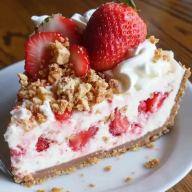 A slice of Strawberry Crunch Cheesecake topped with fresh strawberries, whipped cream, and crunchy cookie topping on a white plate.