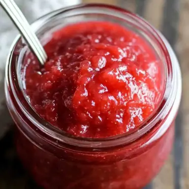 Close-up of a glass jar filled with thick, glossy homemade strawberry rhubarb sauce, with a spoon inside. The sauce is bright red and richly textured.