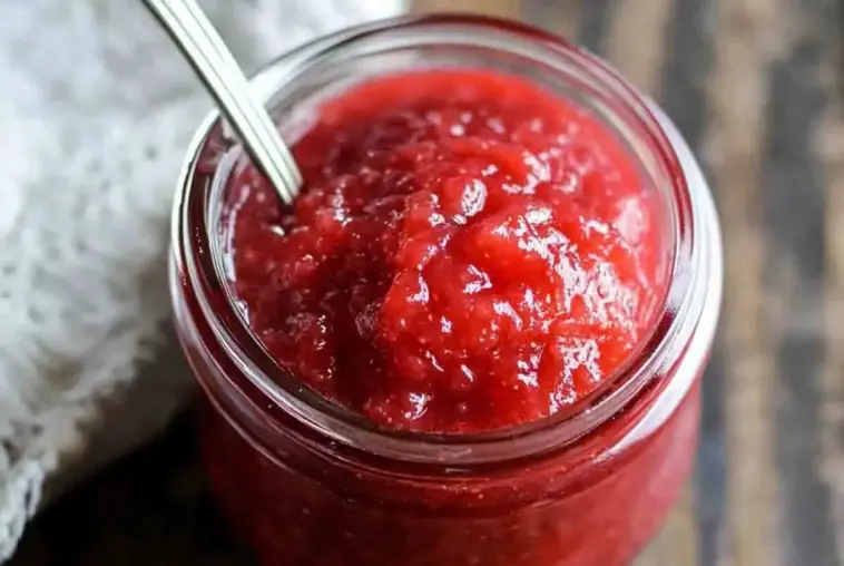Close-up of a glass jar filled with thick, glossy homemade strawberry rhubarb sauce, with a spoon inside. The sauce is bright red and richly textured.