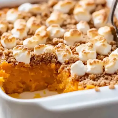 Close-up of a sweet potato casserole baked in a white dish, topped with toasted mini marshmallows and a golden brown pecan streusel, with a serving scooped out to reveal the creamy orange filling underneath.