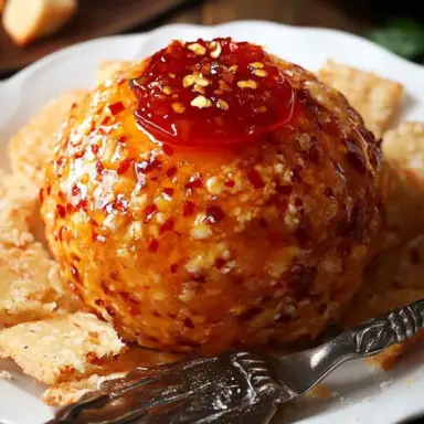 Close-up of a sweet and spicy pepper jelly cheeseball topped with red pepper jelly and surrounded by crackers on a white plate.