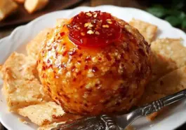 Sweet and spicy pepper jelly cheeseball topped with red pepper jelly, served on a white plate with crackers and a vintage butter knife.