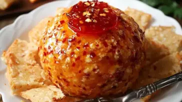 Sweet and spicy pepper jelly cheeseball topped with red pepper jelly, served on a white plate with crackers and a vintage butter knife.