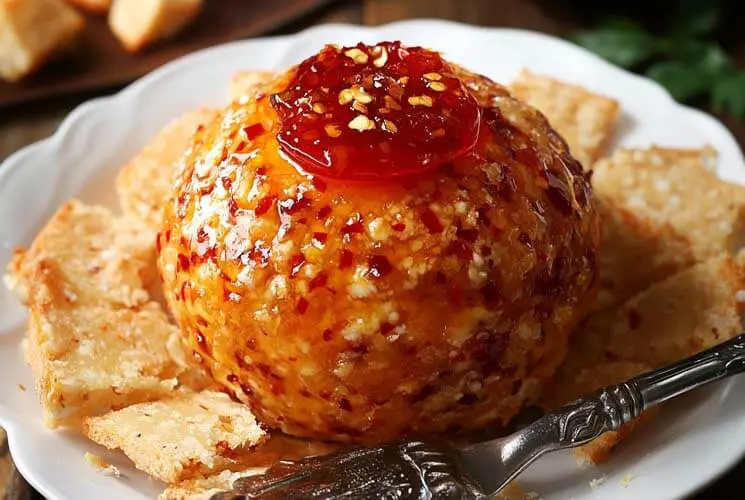 Sweet and spicy pepper jelly cheeseball topped with red pepper jelly, served on a white plate with crackers and a vintage butter knife.