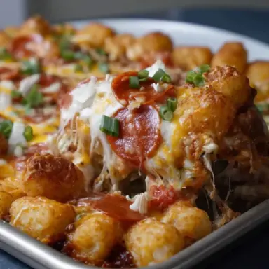 A close-up of Tater Tot Pizza Casserole with melted cheese, pepperoni, green onions, and golden-brown tater tots served hot from a baking dish.