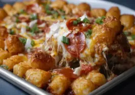 Golden brown tater tots baked over a layer of melted cheese, pizza sauce, and pepperoni, topped with chopped green onions and served hot from a casserole dish.