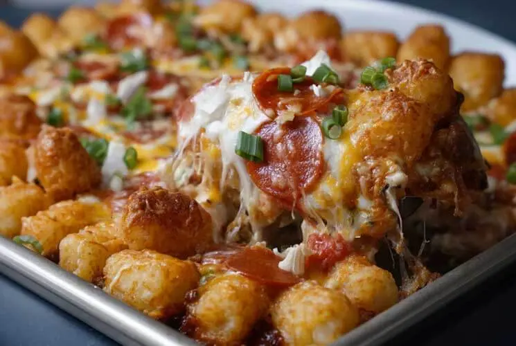 Golden brown tater tots baked over a layer of melted cheese, pizza sauce, and pepperoni, topped with chopped green onions and served hot from a casserole dish.