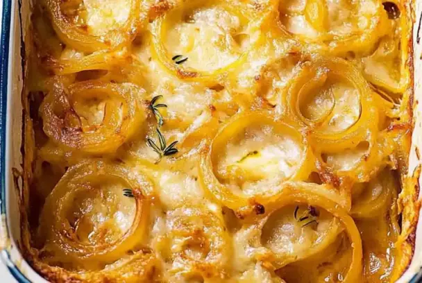 Close-up of golden-baked Tennessee Onions with melted cheese and sweet caramelized onion rings in a white baking dish, garnished with fresh thyme.