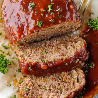 Sliced meatloaf topped with a glossy ketchup glaze, garnished with fresh parsley, and served on parchment paper – a classic homemade meatloaf recipe.