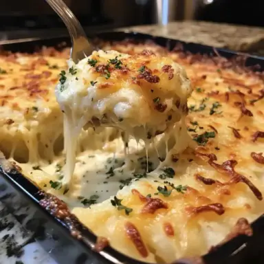 A close-up of creamy twice baked potato casserole in a baking dish, with melted cheese and parsley on top, being scooped with a fork.