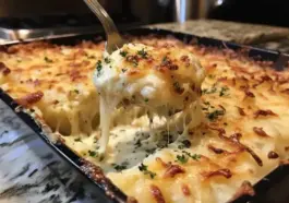 Golden brown twice baked potato casserole with bubbling cheese, garnished with herbs, being served hot and melty from a black baking dish.