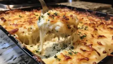 Golden brown twice baked potato casserole with bubbling cheese, garnished with herbs, being served hot and melty from a black baking dish.