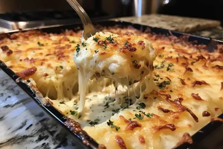 Golden brown twice baked potato casserole with bubbling cheese, garnished with herbs, being served hot and melty from a black baking dish.