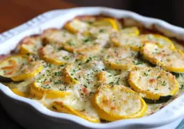 Creamy baked zucchini and yellow squash au gratin in a white dish, topped with melted cheese, herbs, and golden brown edges.