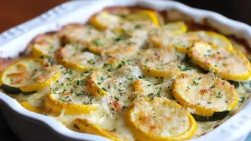 Creamy baked zucchini and yellow squash au gratin in a white dish, topped with melted cheese, herbs, and golden brown edges.