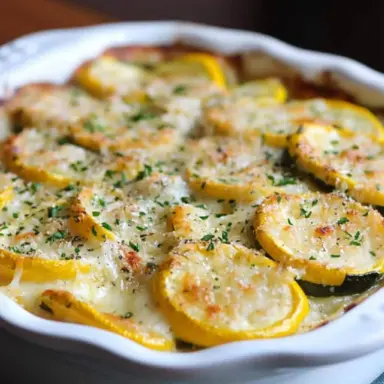 Baked zucchini and yellow squash au gratin topped with melted cheese and herbs in a white casserole dish, golden and bubbly from the oven.