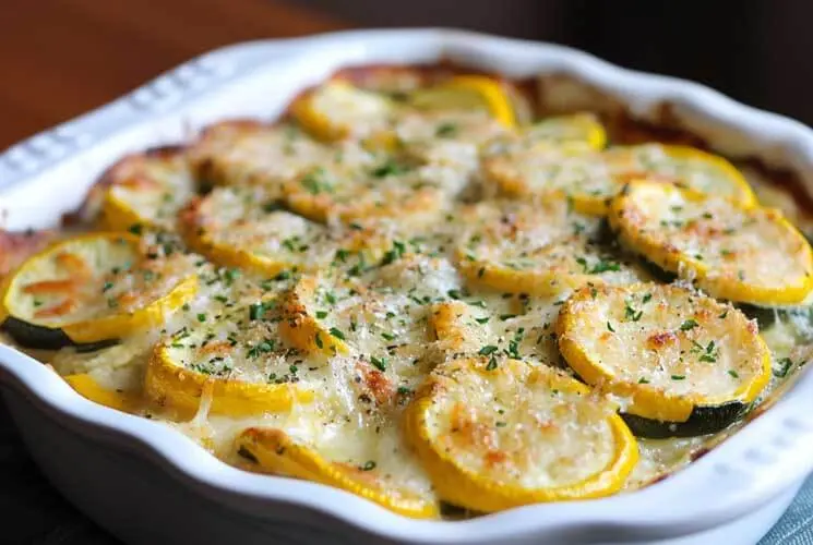 Creamy baked zucchini and yellow squash au gratin in a white dish, topped with melted cheese, herbs, and golden brown edges.