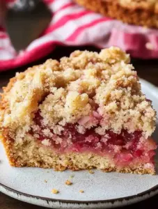 Close-up of a thick slice of gluten free rhubarb crumb cake on a white plate, showing layers of soft cake, juicy rhubarb, and golden crumb topping.