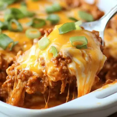Close-up of cheesy Sloppy Joe Casserole topped with green onions, showing melted cheddar and savory ground beef being scooped from a white baking dish.